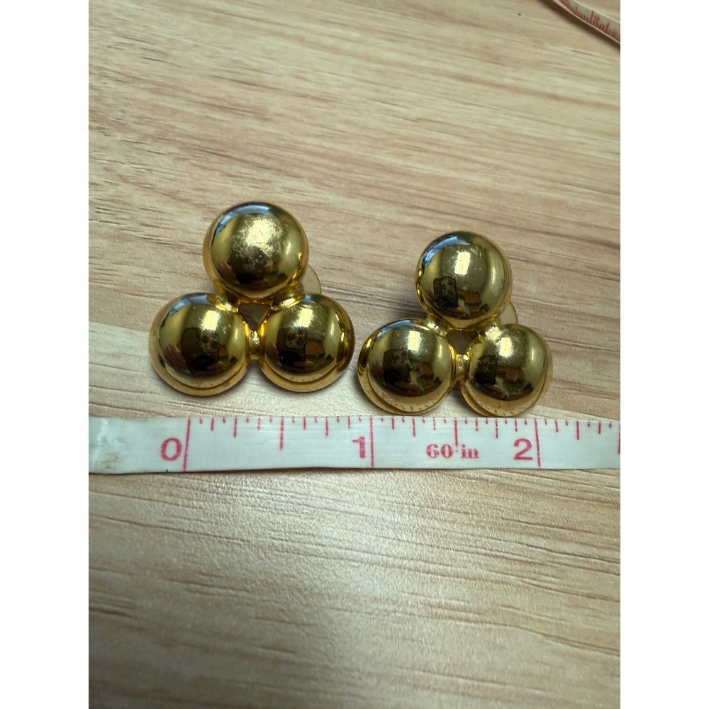 Vintage Gold Tone Triple Sphere Cluster Statement Stud Earrings High Polish